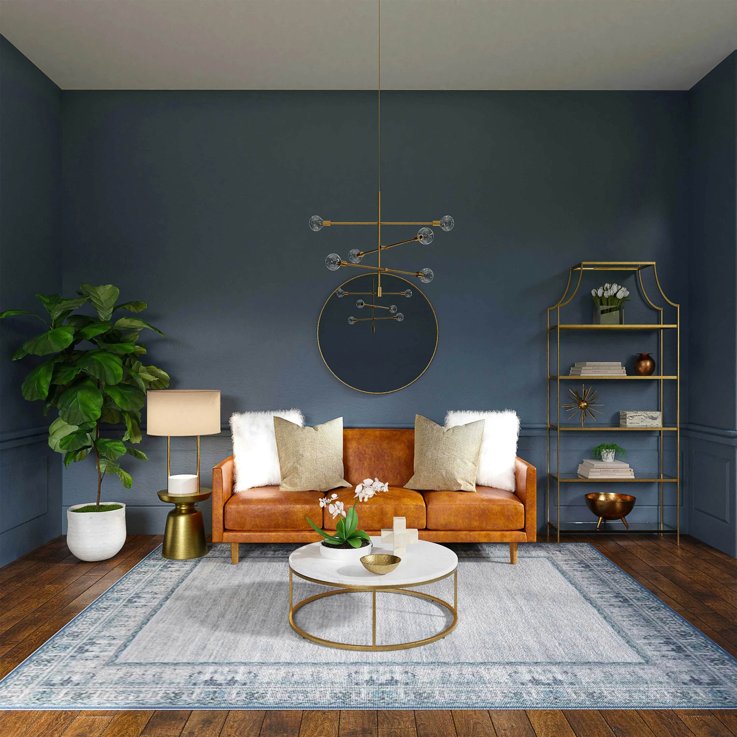 A modern living room featuring a brown leather sofa, a round coffee table, a decorative plant, floor lamp, and a shelf with decor items against a blue wall.