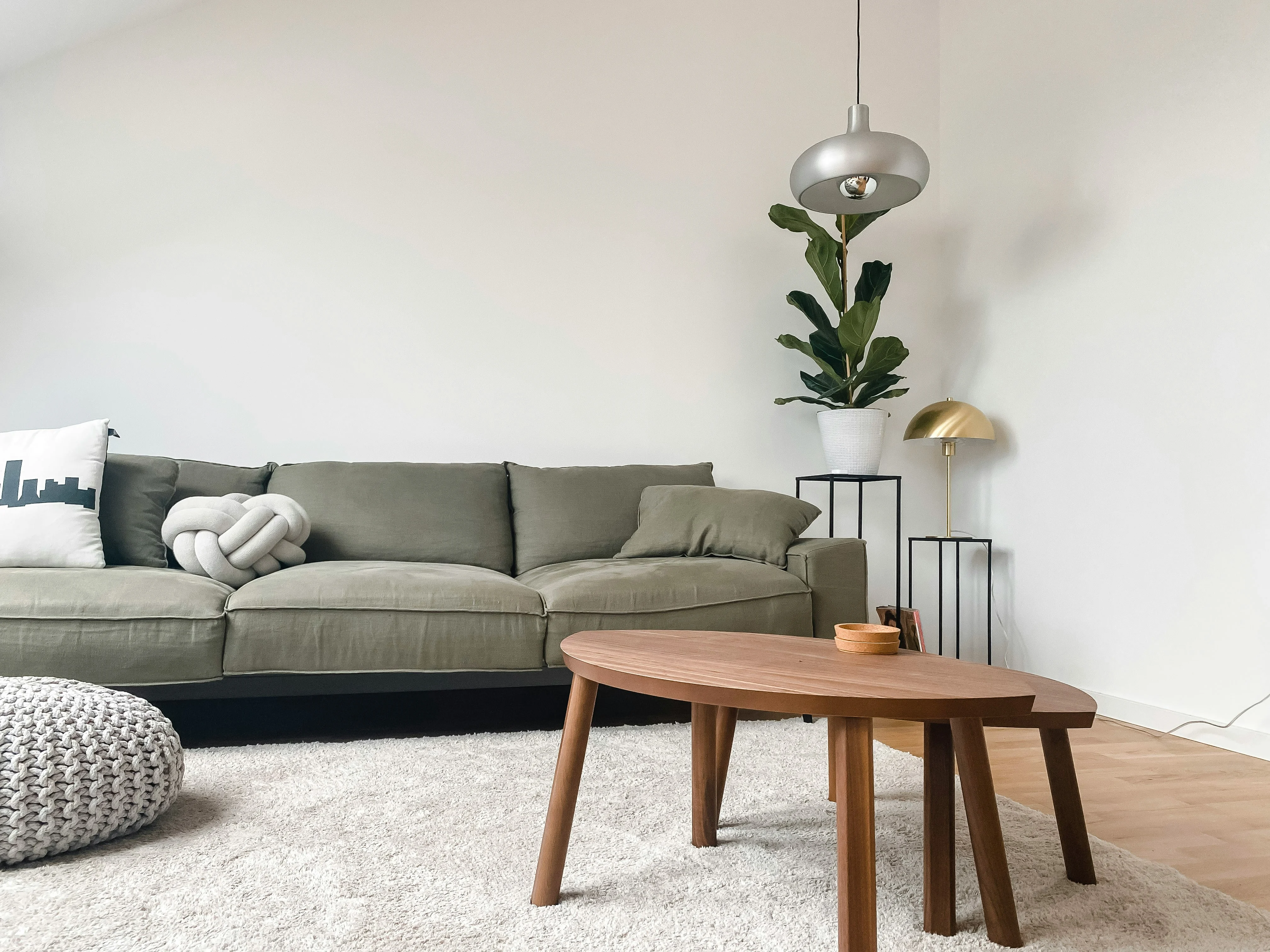 Modern Living Room Interior A modern living room featuring a green sofa with decorative throw pillows, a wooden coffee table, and a plush rug. A plant and lamp are seen in the background.