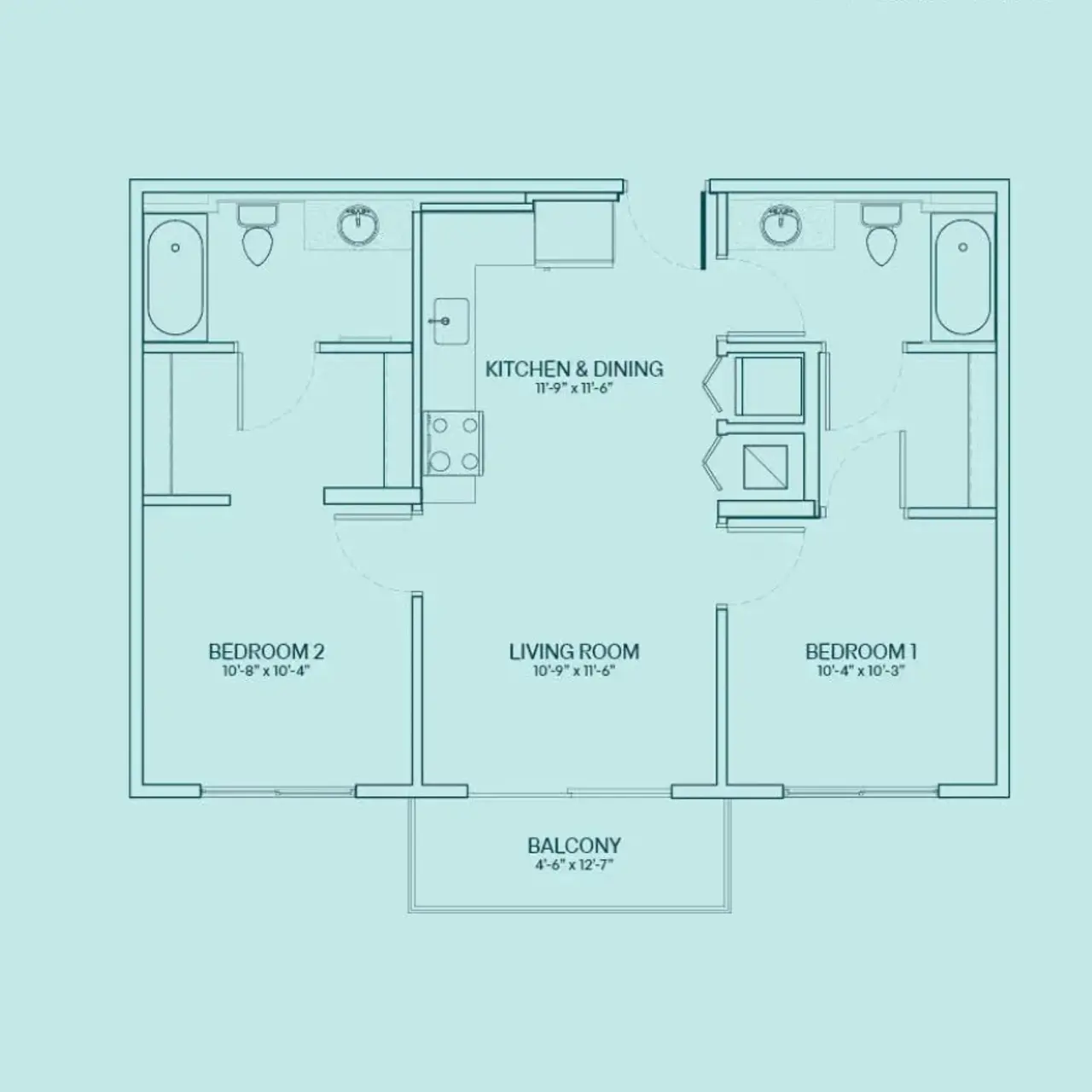 Resia Biscayne Drive Blueprint of a residential floor plan showing kitchen, dining, living room, two bedrooms, two bathrooms, and a balcony.