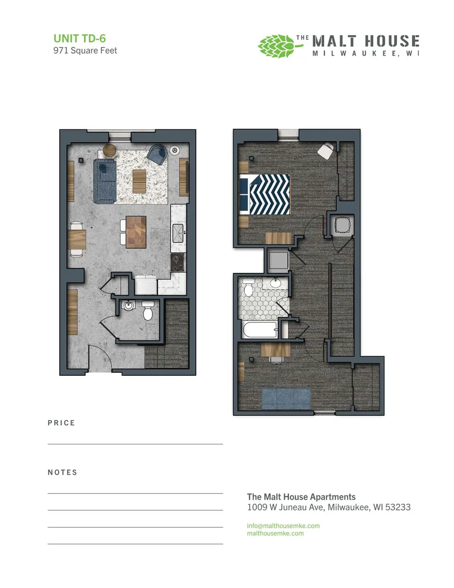 Apartment Floor Plan for Unit TD-6 Floor plan of a two-bedroom apartment layout showing the arrangement of rooms and spaces.