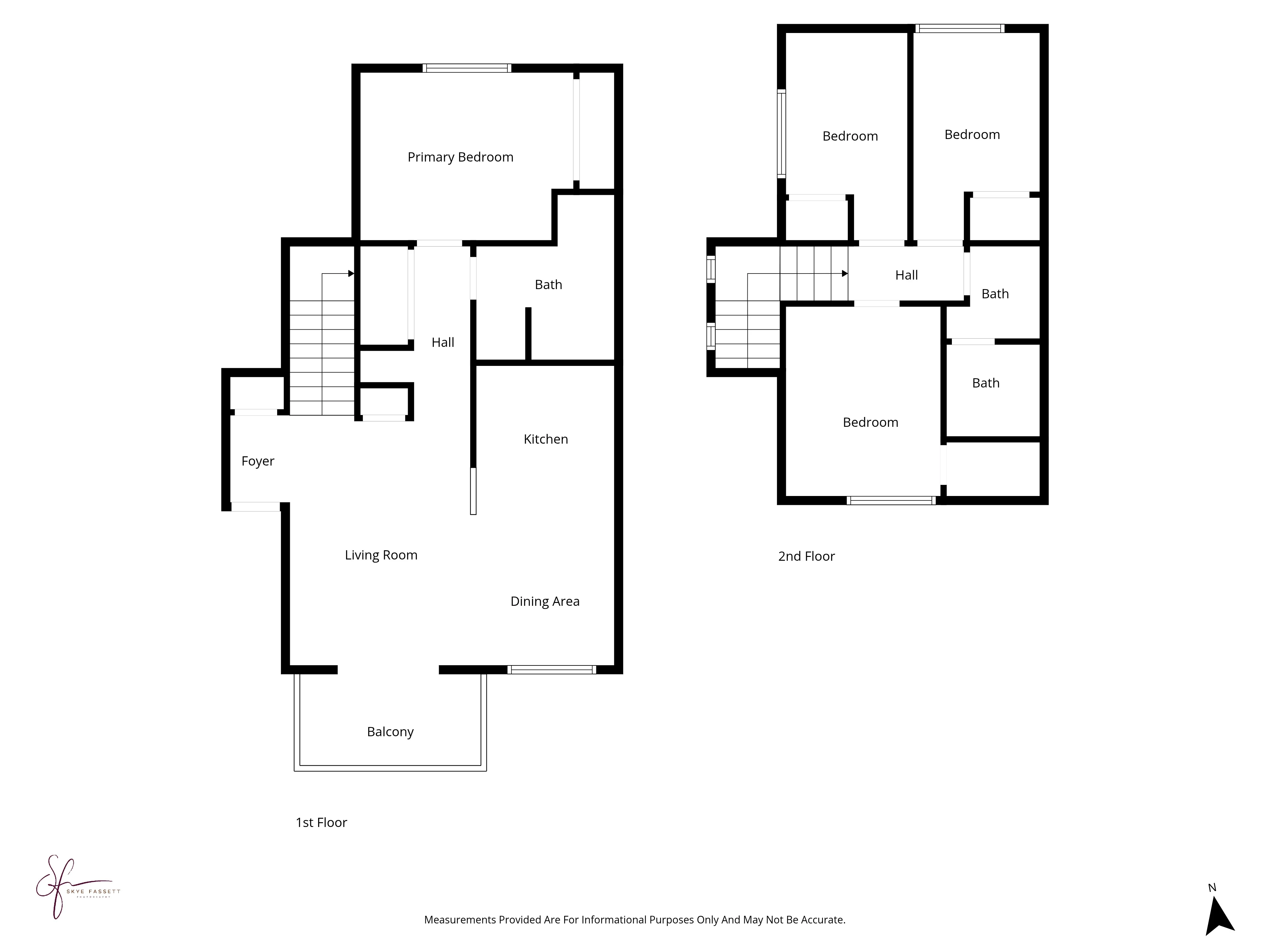 Two-Story Residential Floor Plan Floor plan illustrating a two-story residential layout with labeled rooms including bedrooms, bathrooms, kitchen, living room, foyer, and balcony.