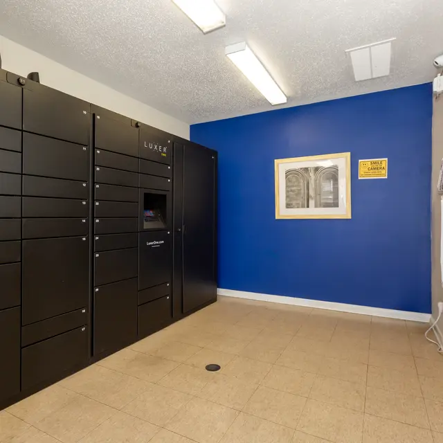 An interior view of a room with black package lockers on one side and a blue wall featuring a framed picture on the other.