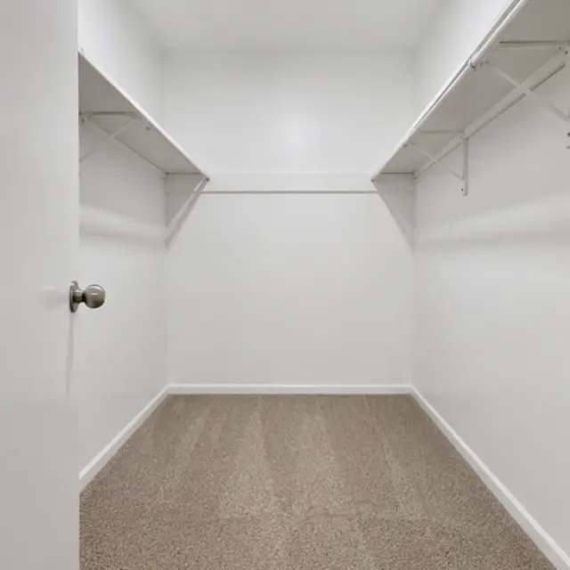 A spacious, empty walk-in closet with white walls and carpet flooring. There are wire shelves on both sides and a door partially open to the left.