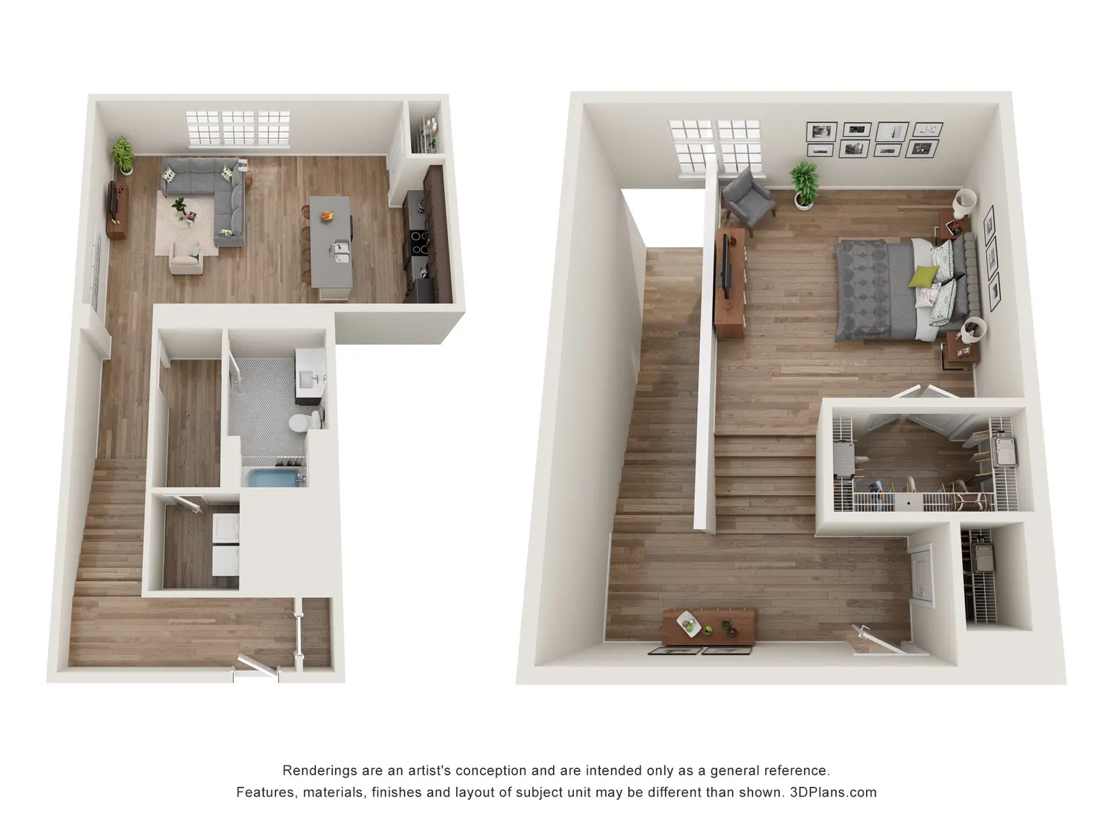3D rendering of a two-level loft apartment floor plan at Woodrow Apartments in Fargo, showing a downstairs living area and upstairs bedroom suite.