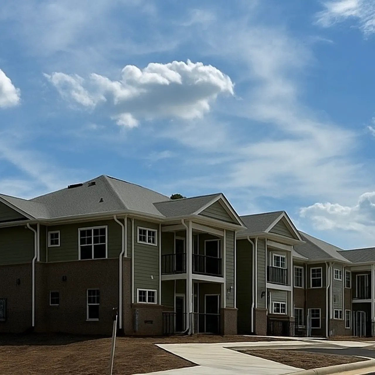 A new, multi-story apartment complex under a clear blue sky dotted with fluffy white clouds.