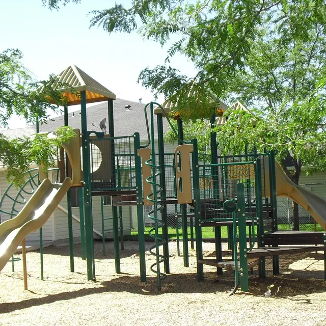 Playground Structure with Slides A playground structure with two slides, climbing features, and shaded areas surrounded by trees. In the background, there are picnic tables and a building.