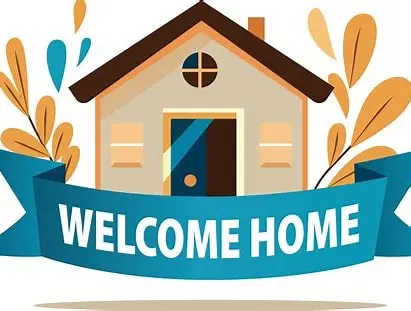 A cozy illustrated house with a blue ribbon banner that says 'Welcome Home,' surrounded by decorative leaves in warm colors.