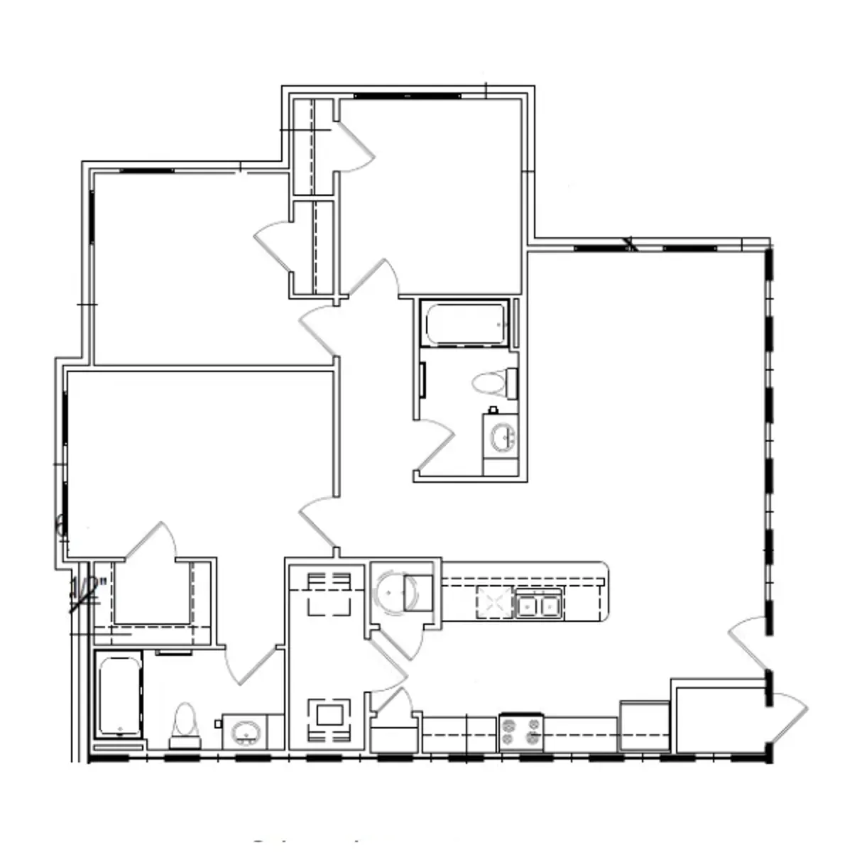 Residential Apartment Floor Plan A detailed blueprint of a residential apartment layout, showcasing different rooms, including bedrooms, a living area, kitchen, and bathrooms.