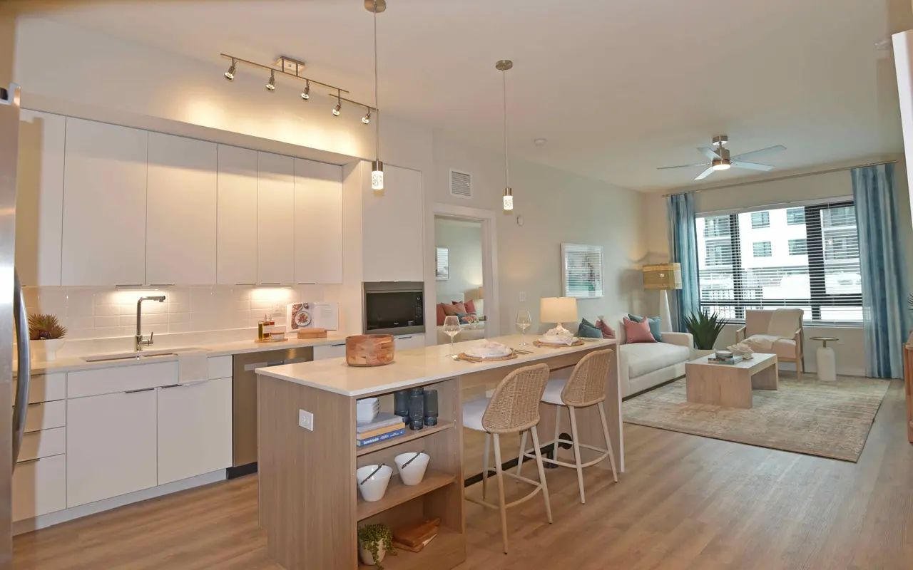 Open-concept modern apartment featuring a kitchen and living area with stylish decor.