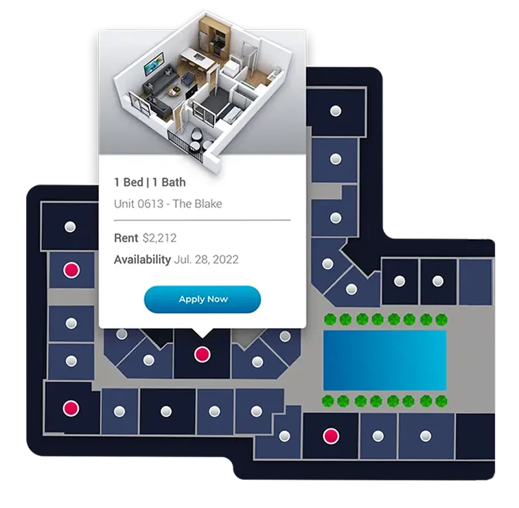 A digital layout of an apartment complex featuring individual units and a pool area, with a highlighted floor plan for a 1-bedroom, 1-bath unit including details like rent and availability.