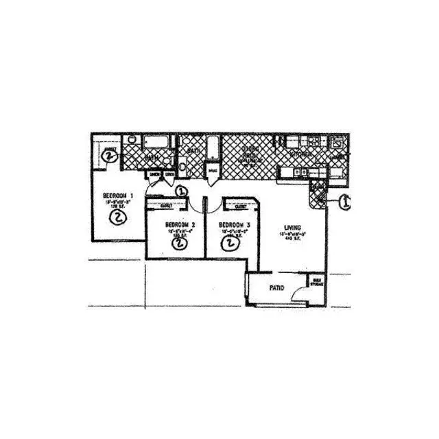 Three-Bedroom Apartment Floor Plan Blueprint of a 3-bedroom apartment layout showing kitchen, living room, and patio area.