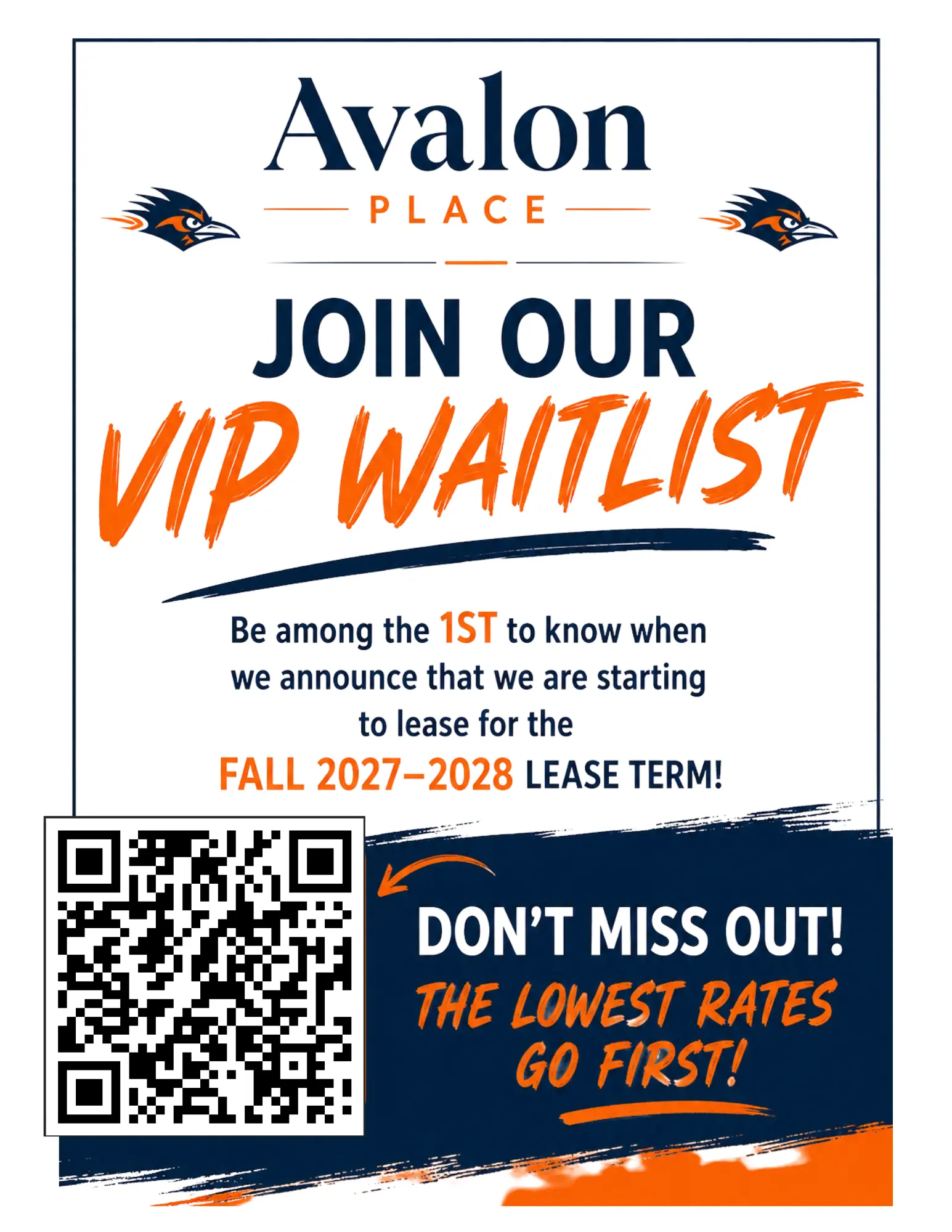 Avalon Place VIP Waitlist Announcement Promotional poster for Avalon Place's VIP waitlist for the Fall 2027-2028 lease term, featuring a QR code for more information.
