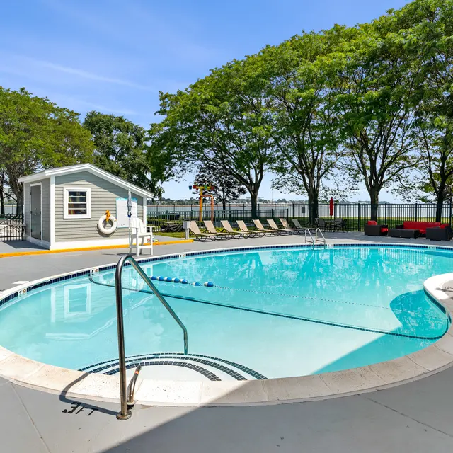 A clear swimming pool surrounded by lush trees and a sunbathing area with lounge chairs. A small shed is nearby with some shaded seating areas.