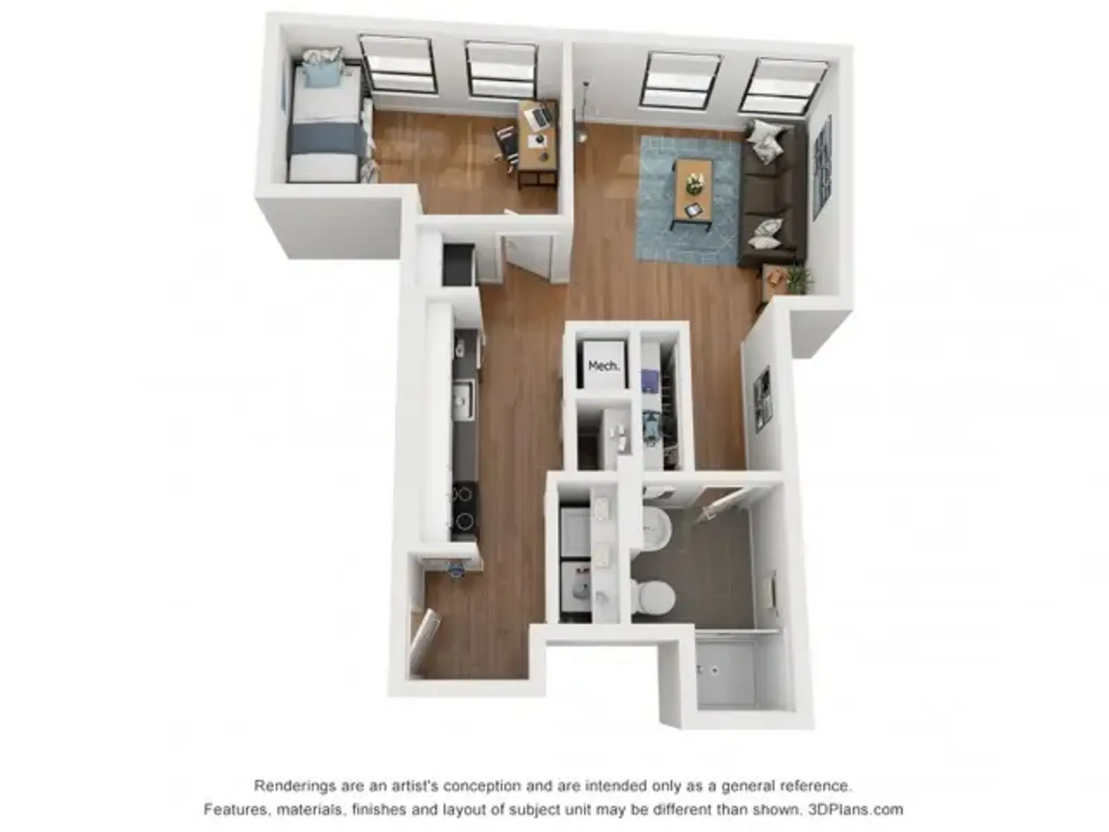 A 3D rendering of an apartment floor plan showcasing an open layout with a living area, kitchen, bathroom, and bedroom areas. The kitchen is located near the center, with a small dining or living space adjacent.