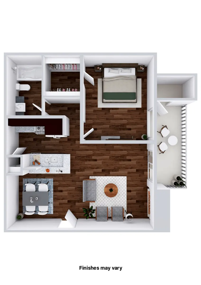 A top-down view of a modern apartment layout featuring a bedroom, living area, kitchen, and dining space with furniture.