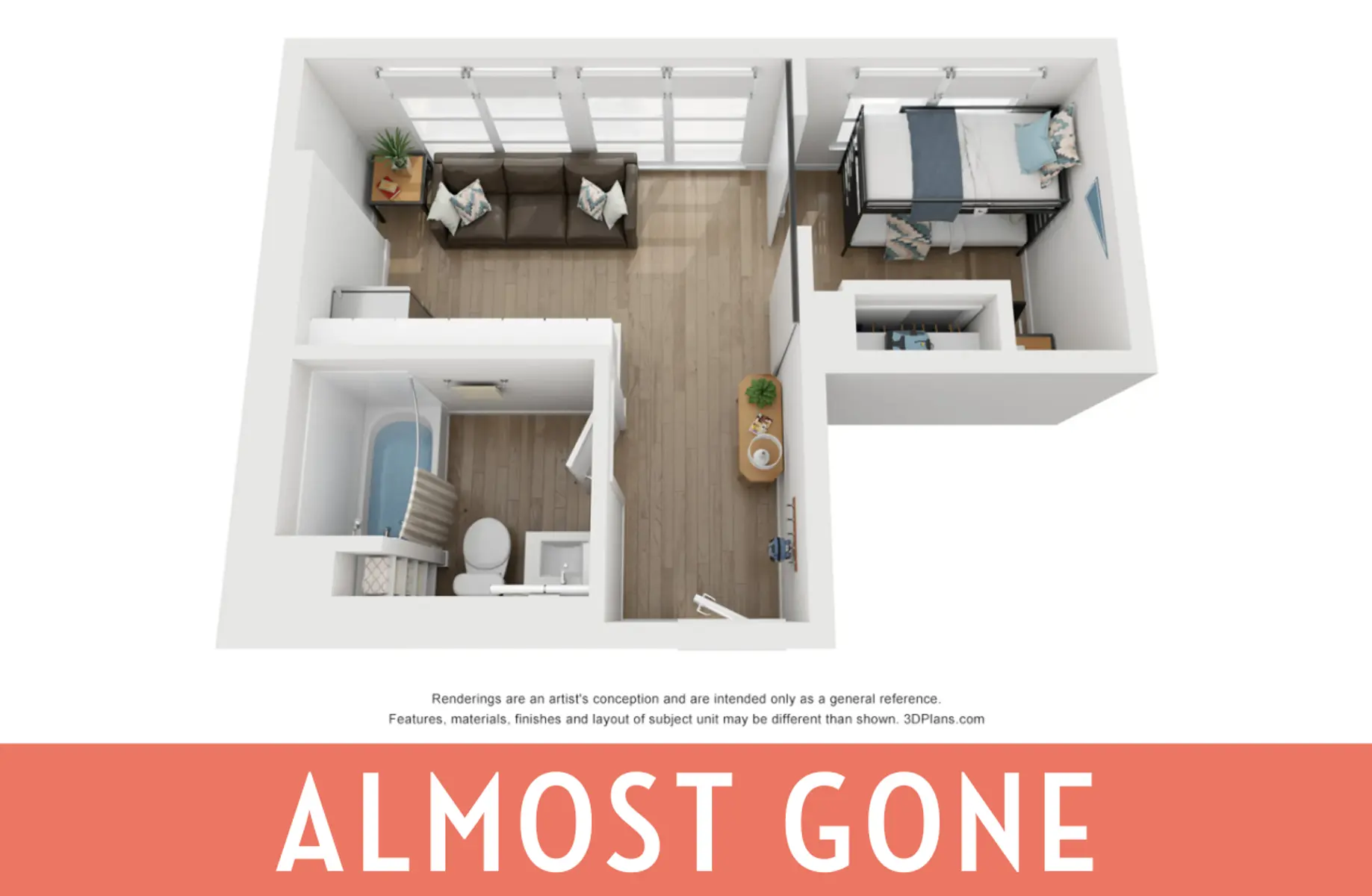 A top-down view of a small apartment layout featuring a living area, kitchen, bathroom, and bedroom. The space includes modern furniture and large windows.