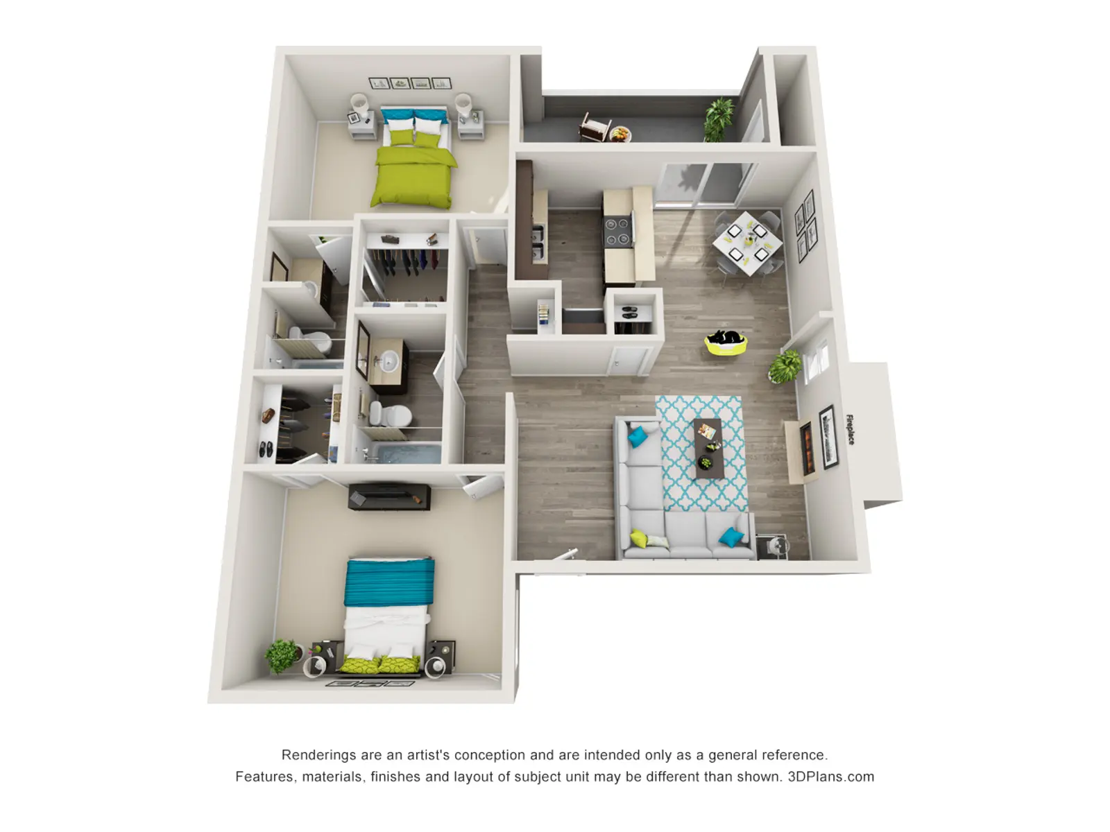 Two-Bedroom Apartment Floor Plan 3D rendering of a two-bedroom apartment floor plan showing rooms and furniture layout.