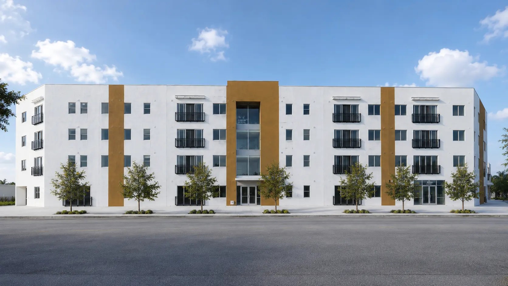 Modern Apartment Building A modern multi-story apartment building with a white exterior and decorative brown accents. The building features multiple balconies and large windows, surrounded by trees on a clear day.