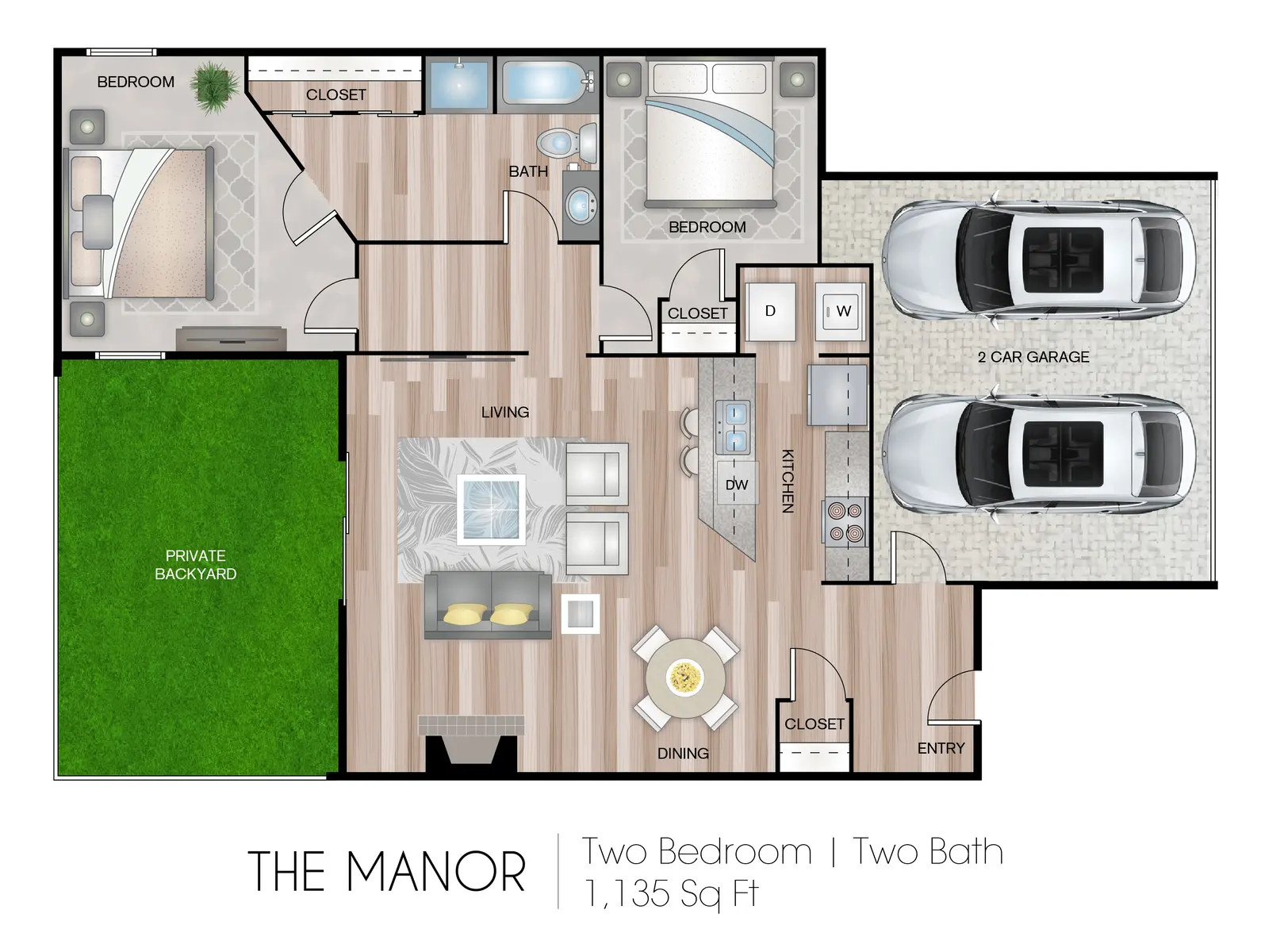 A floor plan for a two-bedroom, two-bath apartment called 'The Manor'. It features a living area, dining area, private backyard, and a two-car garage. The layout shows the spacious arrangement of rooms including closets and amenities.