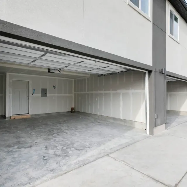 A wide view of empty garage spaces with unfinished walls and concrete floor.