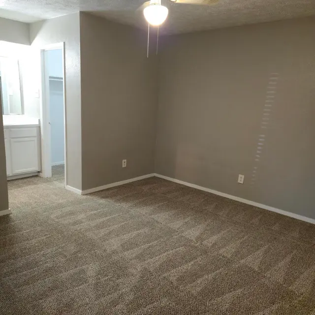 Empty Room with Ceiling Fan A spacious, empty room with light beige carpet and gray walls. A ceiling fan hangs in the center, and there is a small closet visible through an open door to the left. Natural light comes from a window to the rear, illuminating the room.