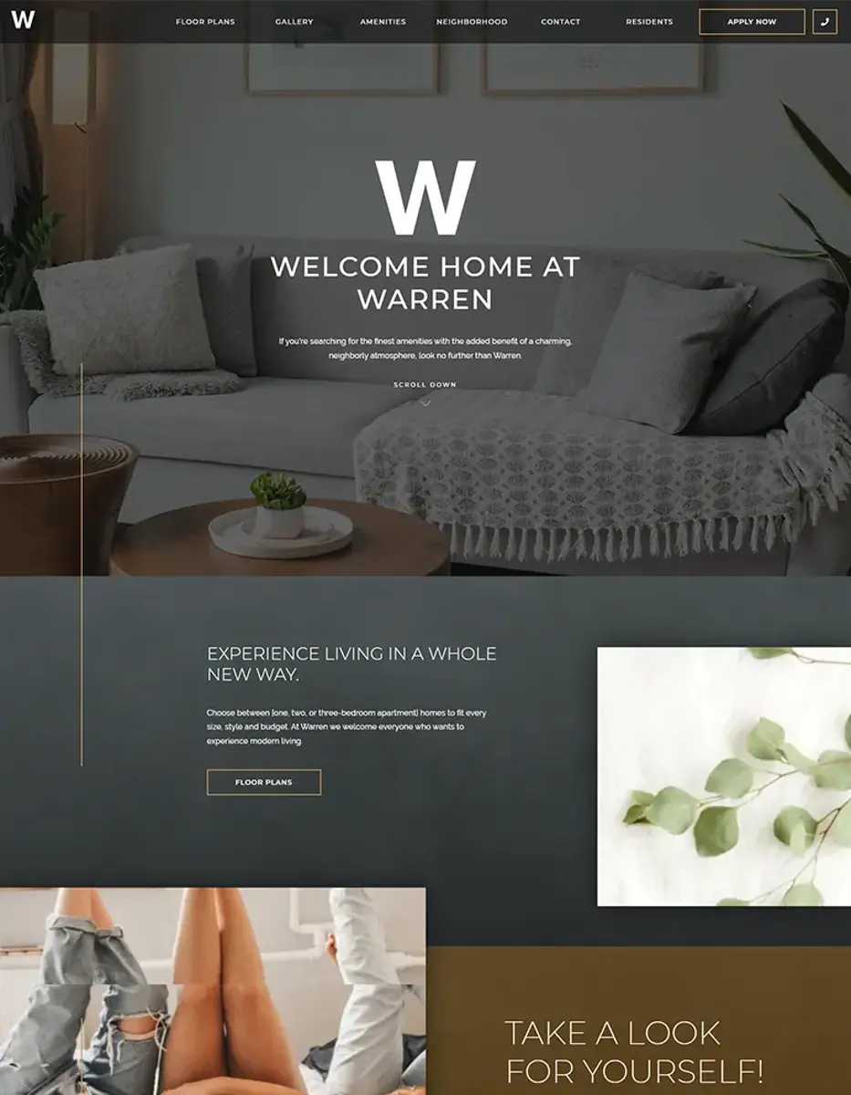 Welcome Home at Warren A modern webpage layout featuring a cozy living room, welcoming text, and sections about living experiences and available plans.
