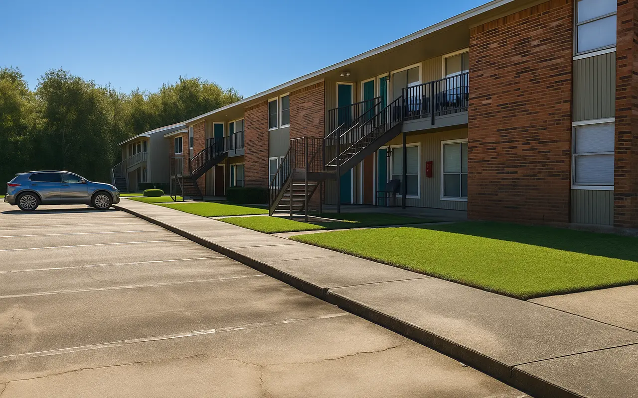 A view of a residential apartment complex with two stories, featuring steps leading to upper units and a parking lot in the foreground.