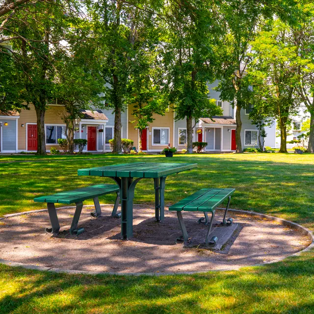 A circular picnic area with a green table and benches surrounded by grass and trees, with colorful buildings in the background.