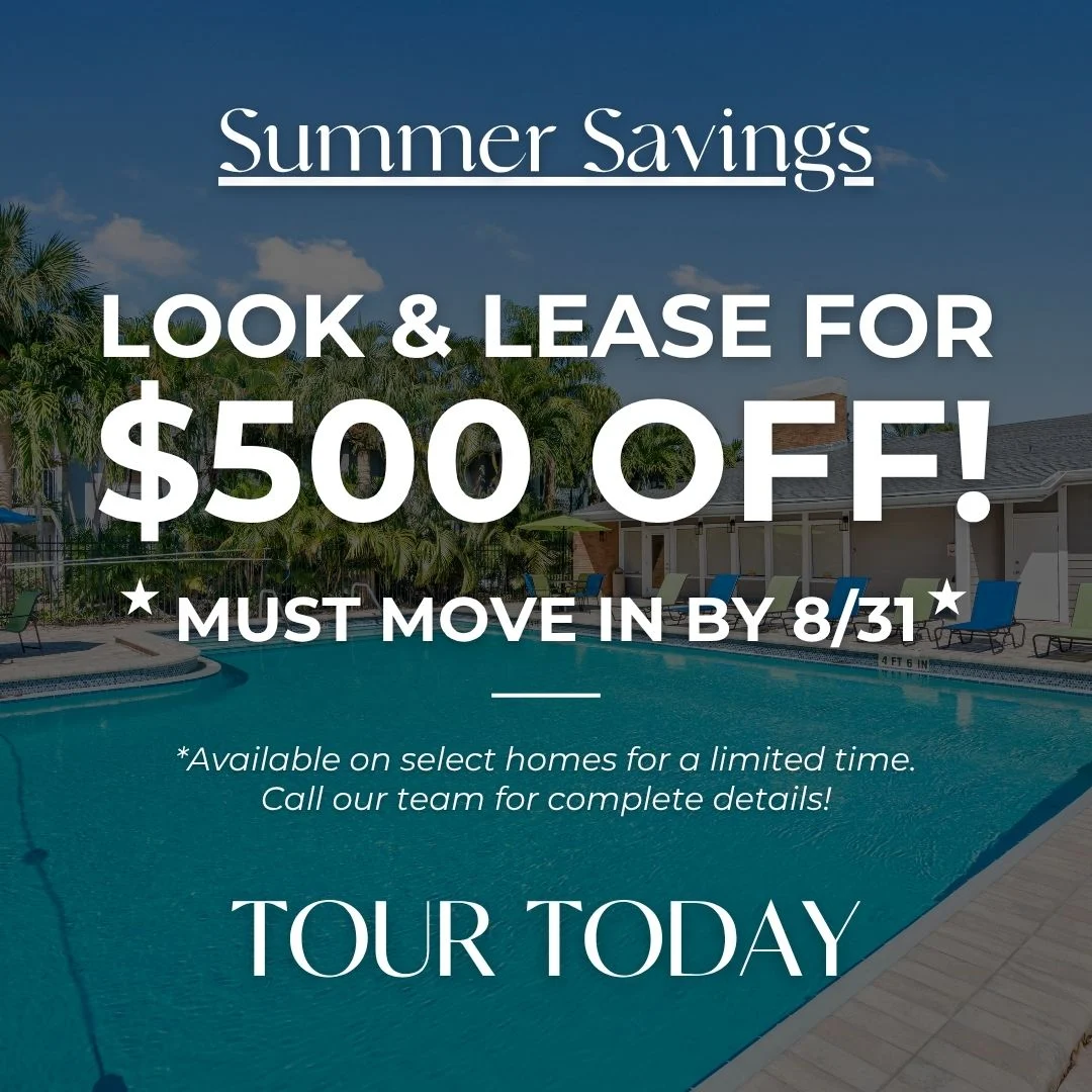 Promotional advertisement for summer savings featuring a swimming pool, lounge chairs, and text highlights about leasing discounts.