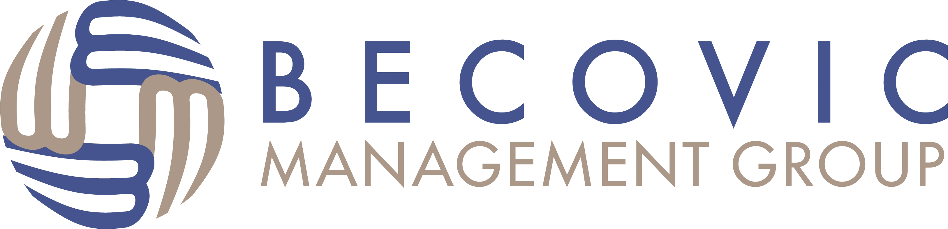 Logo of Becovic Management Group featuring a stylized globe with hands and text in blue and gold colors.