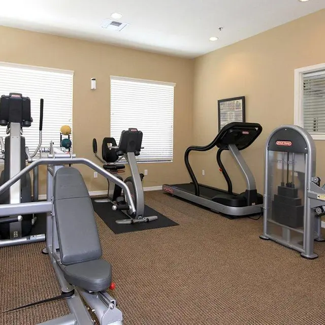 Compact Gym Interior A small gym with exercise machines and cardio equipment including a treadmill and resistance machines.