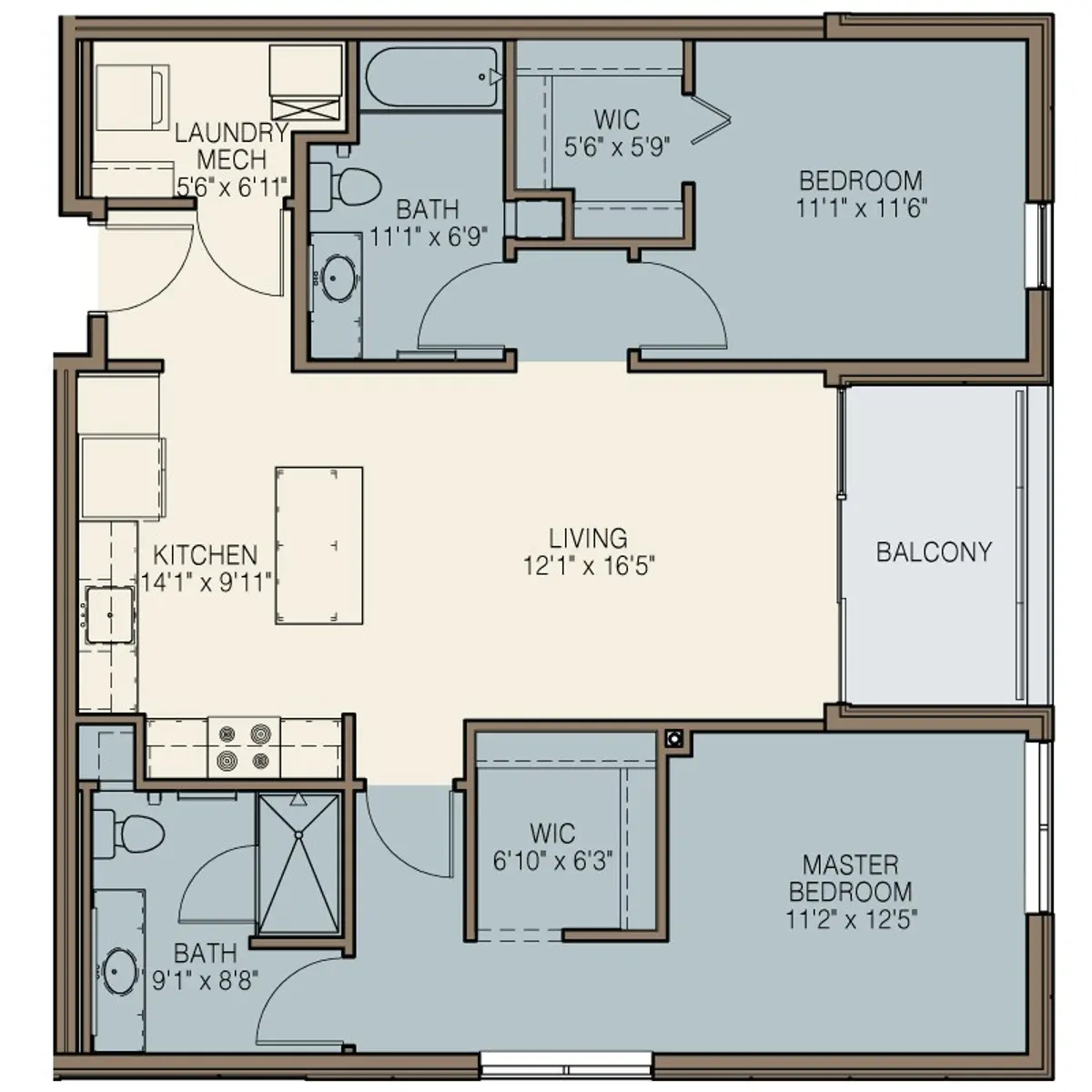 Apartment Floor Plan A floor plan of an apartment showing different rooms including a kitchen, living room, master bedroom, a secondary bedroom, and bathrooms, with dimensions indicated for each room.