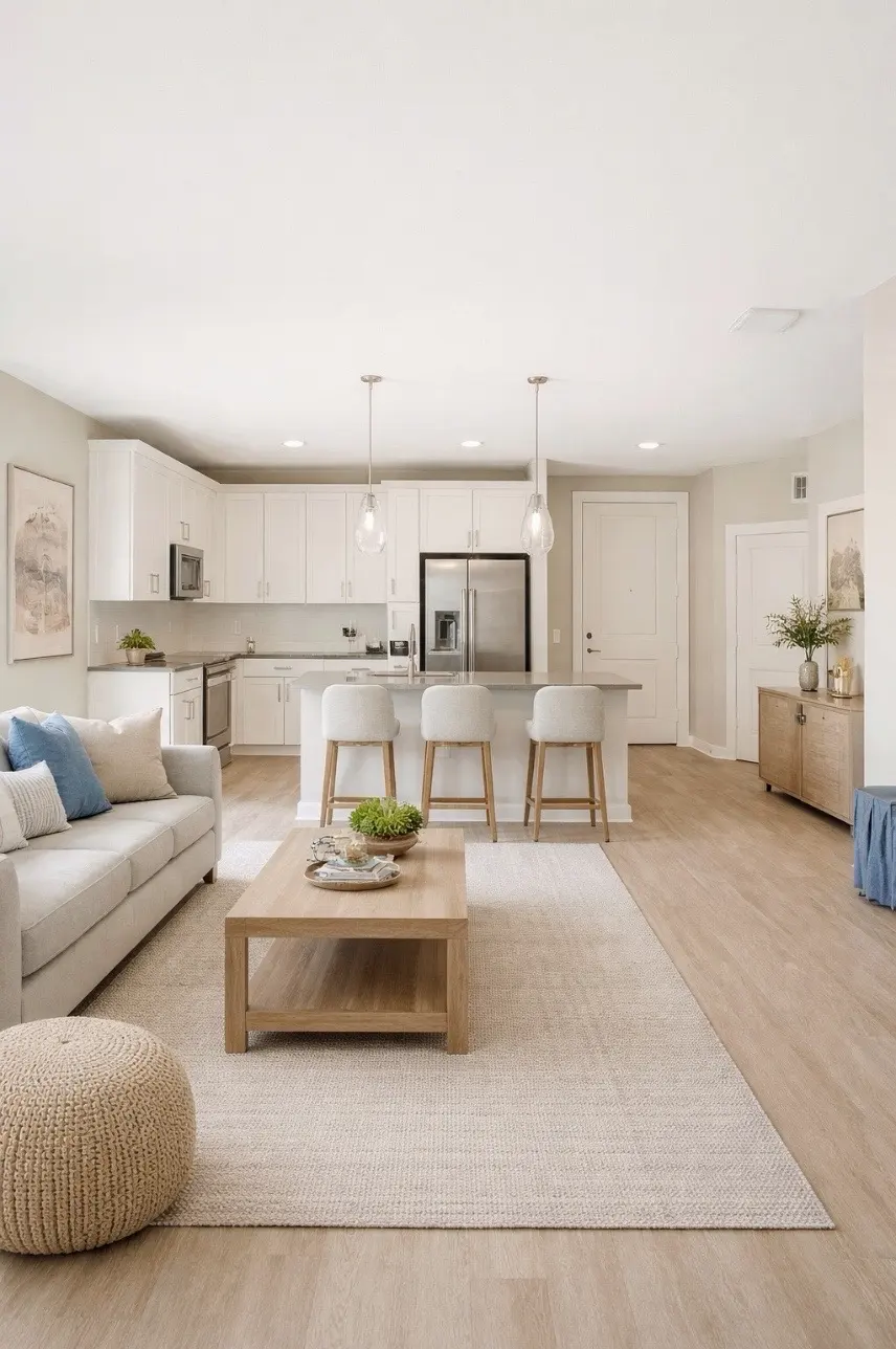 A modern and stylish kitchen and living room area featuring a light color scheme. The kitchen has white cabinets, stainless steel appliances, and a central island with three bar stools. The living space includes a cozy gray sofa adorned with blue pillows, a wooden coffee table, and a textured rug. A large window allows natural light to illuminate the room.