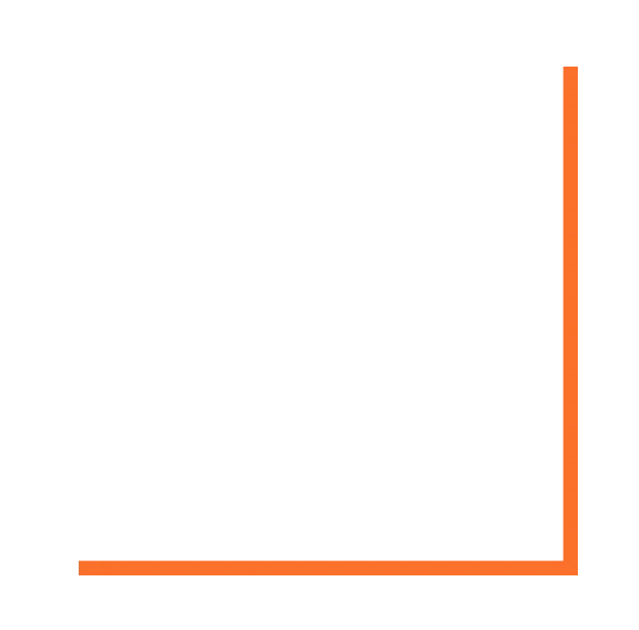 An abstract graphic featuring a simple orange line curving in an L-shape against a solid green background.