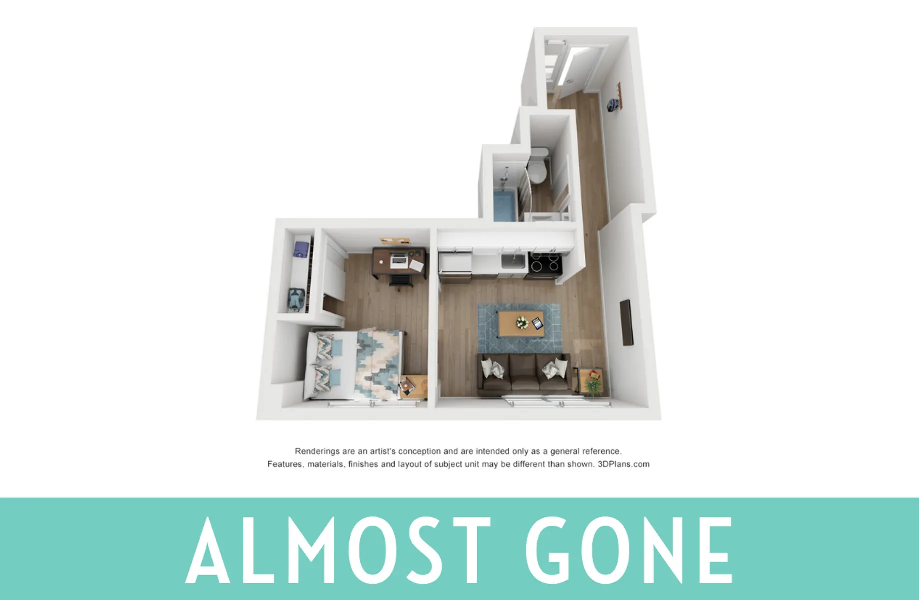 A floor plan rendering of a small apartment layout featuring a living room, kitchenette, bedroom, and bathroom.