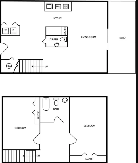A detailed floor plan of a two-level house showing the layout of rooms and areas. The upper level features a kitchen, living room, half bath, and patio. The lower level contains two bedrooms, a bathroom, a closet, and stairs.
