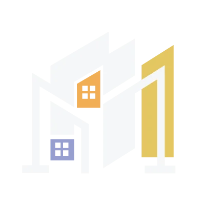 Stylized logo featuring geometric shapes reminiscent of buildings in various colors, including yellow, white, and grey, set against a solid background.