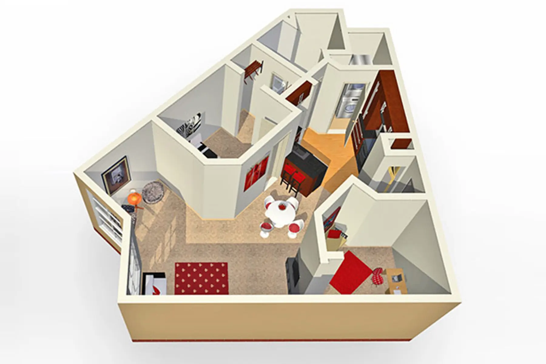 3D Apartment Layout 3D representation of an apartment layout showcasing various rooms and furniture arrangements.