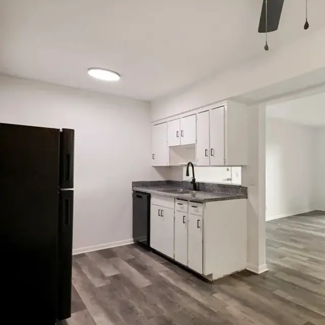 A modern kitchen featuring white cabinets, black appliances, and a gray countertop with a sink. Wood-like flooring is present, and natural light is coming from a ceiling fixture.