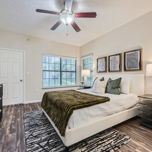 A stylish and modern bedroom featuring a large bed with decorative pillows and a throw blanket, a nightstand with a lamp, and a dresser. The room has a window letting in natural light, and decor includes framed artwork and a potted plant.