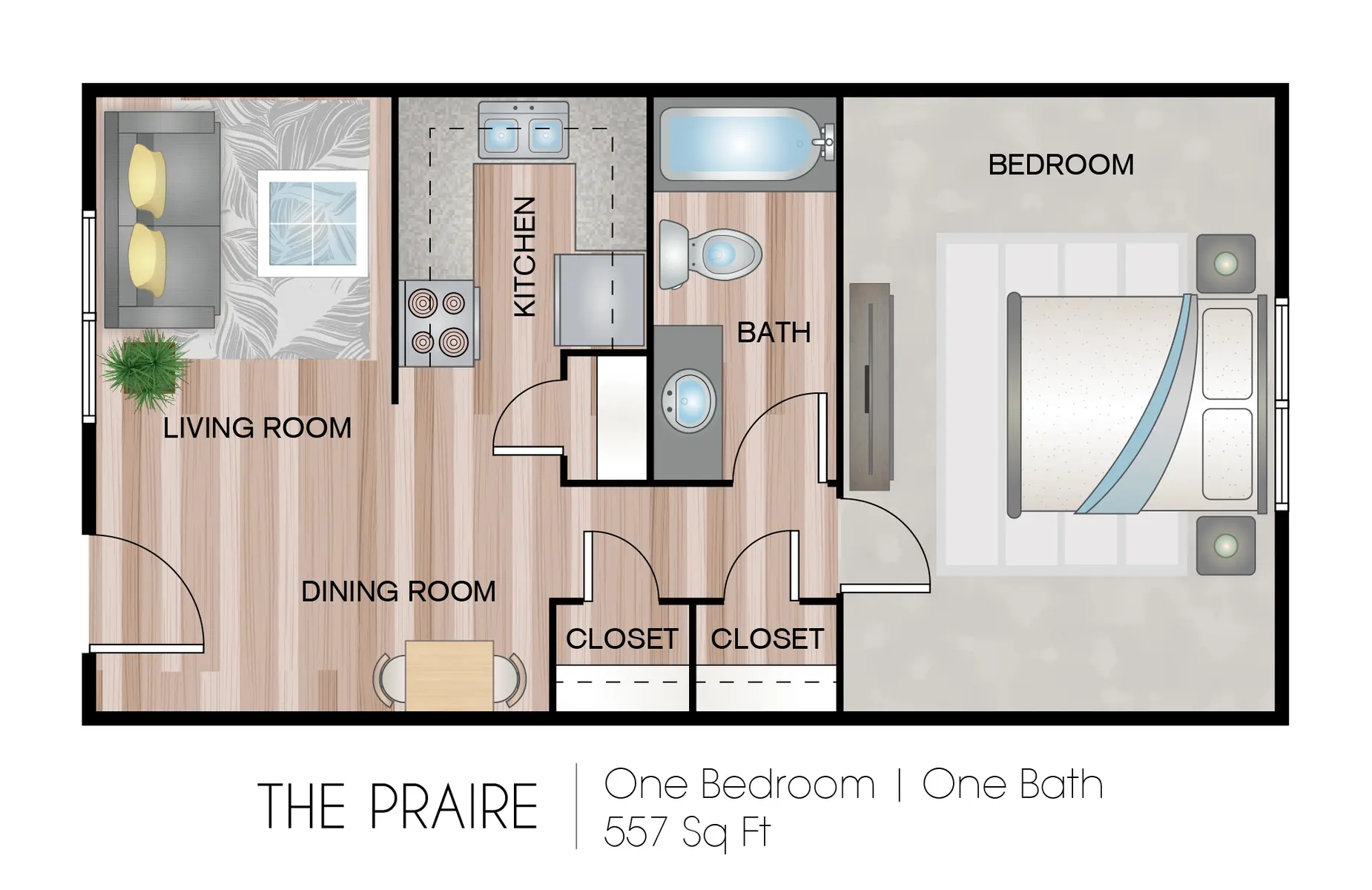 A floor plan diagram of an apartment labeled 'The Prairie.' It shows a layout with a bedroom, a bathroom, a kitchen, a living room, and a dining room, along with two closets.