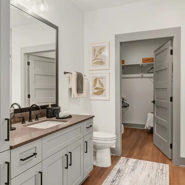 Modern Bathroom Design A modern bathroom featuring a gray vanity with a stone countertop, a large mirror, and stylish fixtures. The room has wooden flooring and a door leading to a closet area.