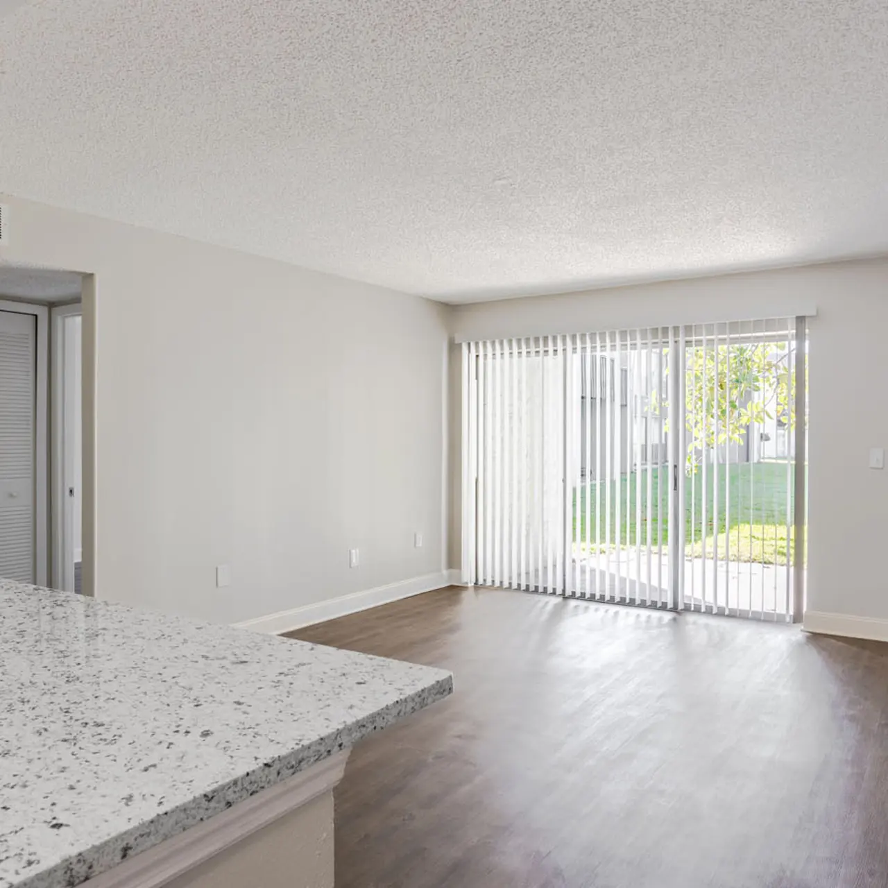 An empty modern apartment interior featuring a kitchen area with a granite countertop, a spacious living area, and a wall of sliding glass doors leading to a green outdoor space. The walls are painted in neutral colors with a textured ceiling and wood-like flooring.