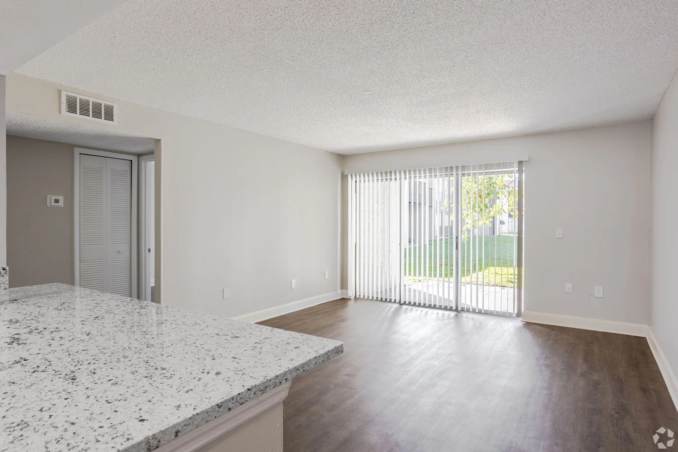 Modern Apartment Living Room An empty modern apartment interior featuring a kitchen area with a granite countertop, a spacious living area, and a wall of sliding glass doors leading to a green outdoor space. The walls are painted in neutral colors with a textured ceiling and wood-like flooring.