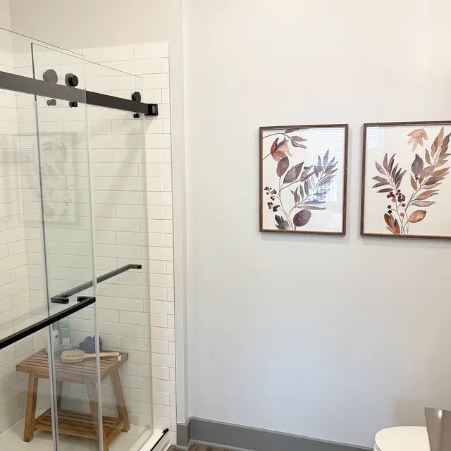 A modern bathroom featuring a glass shower, a wooden stool, and two framed prints of plants on the wall.