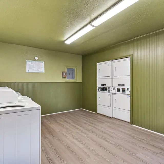 A laundry room featuring washing machines and dryers against a green wall.