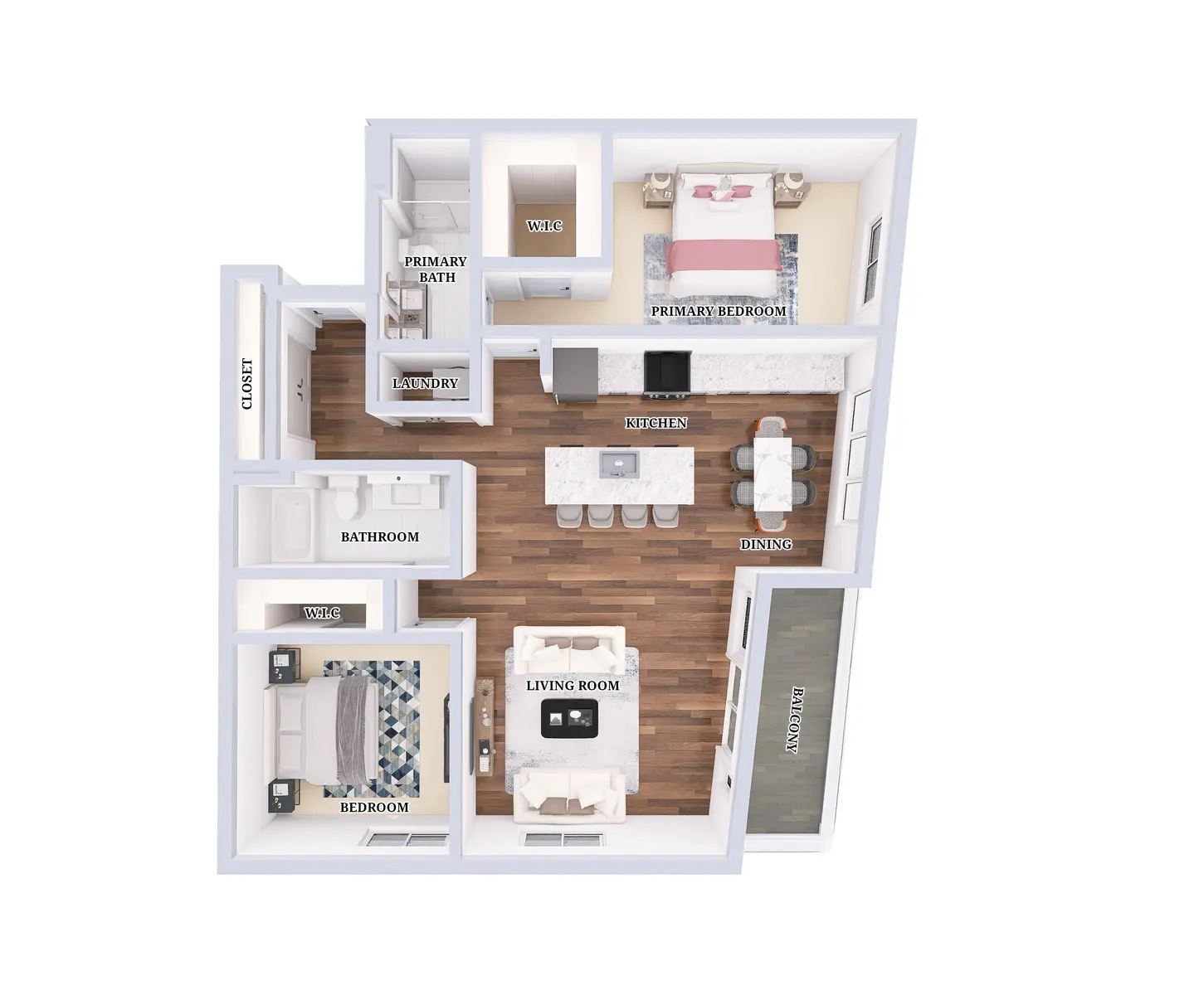 A 2D layout of an apartment featuring labeled rooms including a primary bedroom, living room, dining room, kitchen, and bathroom.