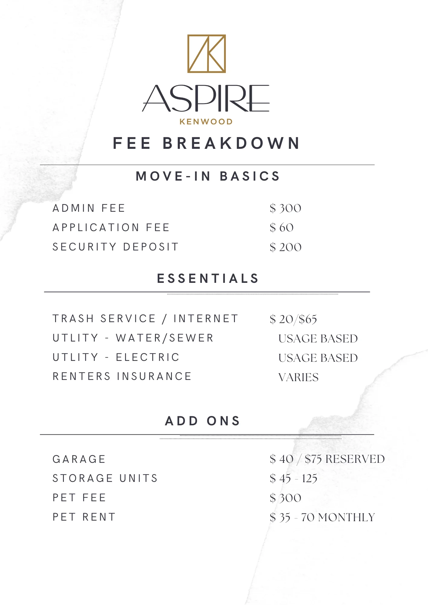 A fee breakdown for Aspire Kenwood, listing various charges related to move-in basics, essentials, and add-ons.