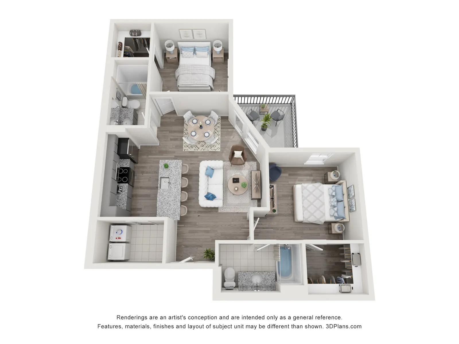 Apartment Floor Plan A top-down view of an apartment floor plan, showcasing different rooms including a living area, kitchen, bedrooms, and bathrooms. The layout features modern furnishings and a cohesive design.