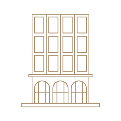 A simple line drawing of a multi-story building with several windows and arched entrances at the base.
